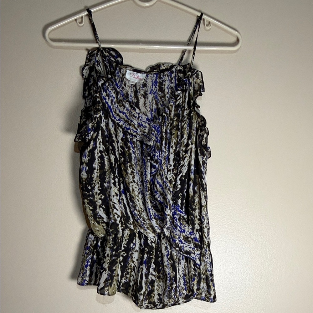 Parker Black, Blue and Cream Printed Ruffle Camisole